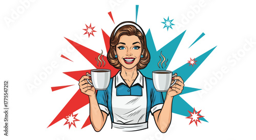 Retro pop art waitress serving up fresh, hot coffee with a smile for your vintage diner, restaurant, or cafe themed designs and promotions