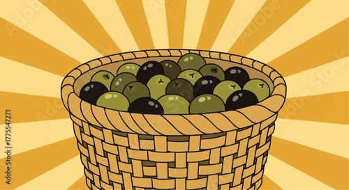 Basket filled with green and black olives on sunburst background  