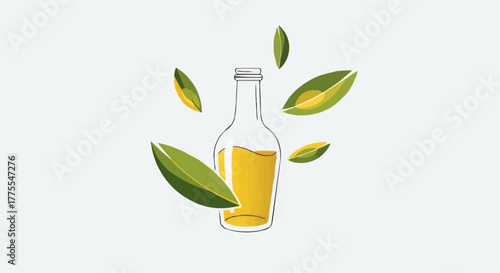 Olive oil bottle surrounded by leaves in a minimalist style  