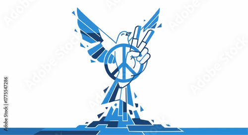 Digital artwork of a peace symbol, dove, and raised hand  