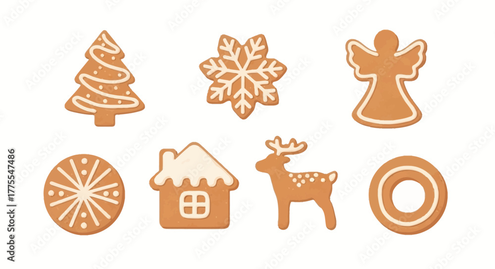 Naklejka premium Gingerbread cookies in the shape of a Christmas tree, snowflake, angel, house, reindeer, and circle.