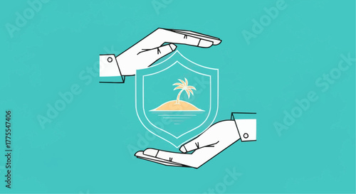 Hands protecting a shield with an island and palm tree illustration  