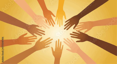 Diverse hands reaching towards light in collaborative unity  