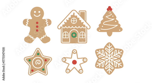Festive gingerbread cookies: man, house, tree, stars, snowflake.