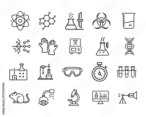 Diverse set of laboratory equipment and scientific symbols in a clean, modern iconographic style for research and science.