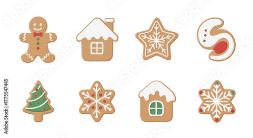 Collection of decorated gingerbread cookies in various shapes for Christmas.