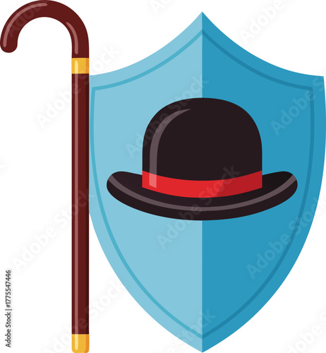 A bowler hat and a cane combined into a shield shape symbolize protection, safety, and classic style. This vector illustration is perfect for concepts related to insurance, tradition, or stability.