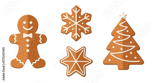 Gingerbread cookies: man, snowflake, star, and Christmas tree with white icing.