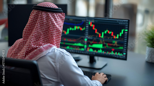 Arab businessman analyzing and stock market data on laptop, financial trading concept in modern office, Middle Eastern investor
