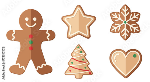Festive gingerbread cookies in various shapes, decorated with icing.