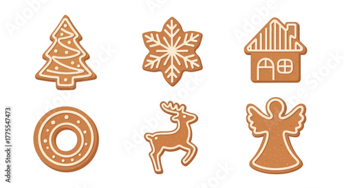 A set of six gingerbread cookies in various shapes, including a tree, snowflake, house, wreath, reindeer, and angel.