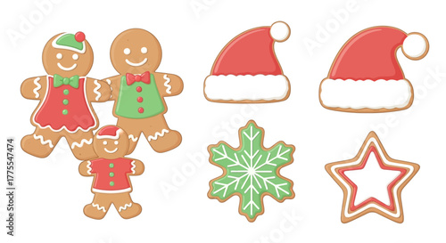 Gingerbread family, Santa hats, snowflake and star cookies on white background.