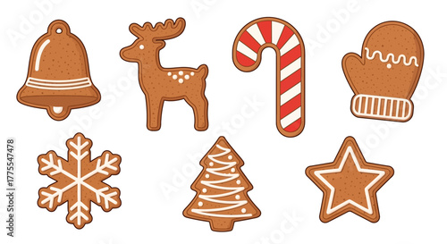 Gingerbread cookies: bell, reindeer, candy cane, mitten, snowflake, tree, star.