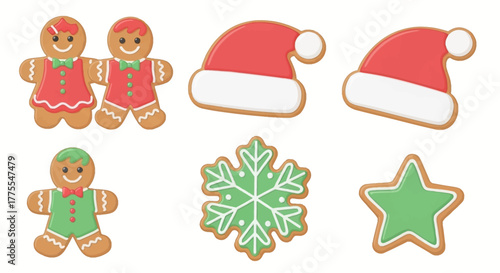 Festive Christmas cookies: gingerbread people, Santa hats, snowflake, and star shapes.