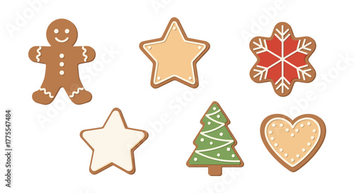 Festive gingerbread cookies in various shapes: man, star, snowflake, tree, heart.