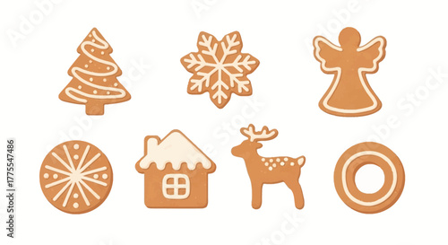 Gingerbread cookies in the shape of a Christmas tree, snowflake, angel, house, reindeer, and circle.
