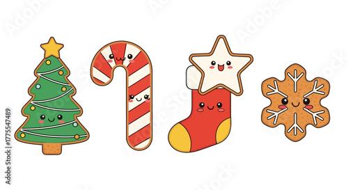 Cute Christmas cookies with faces: tree, candy cane, stocking, snowflake.
