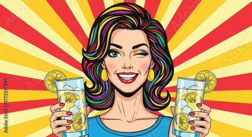Winking woman with rainbow hair cheerfully offers refreshing lemonade drinks in a vibrant retro pop art style for summer celebrations