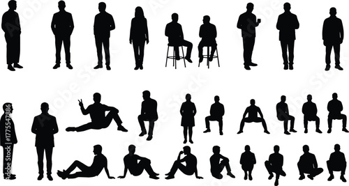 People Human Silhouette Sitting Standing Squatting Stool Relax Gesture Posture Lifestyle Casual Rest Pose Conversation Body Language Vector Outline Drawing Illustration Art
