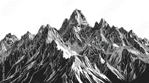 Detailed Black and White Illustration of a Mountain Range