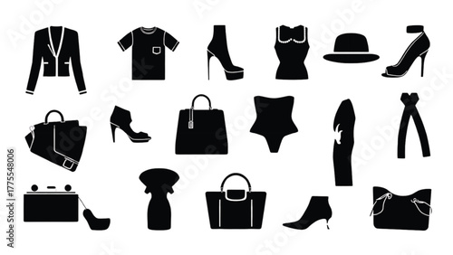 Collection of black silhouette icons for fashion and accessories