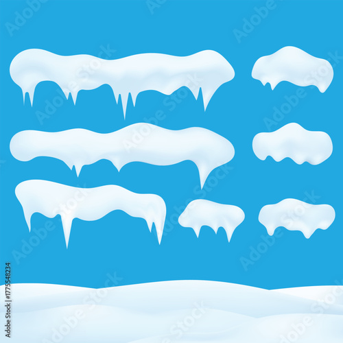 Snow cap, ice cap set. Snowdrifts and icicles design elements isolated on background. Vector