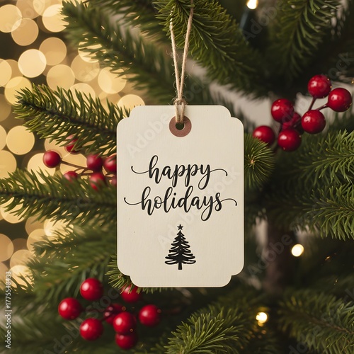 Happy holidays tag on christmas tree with red berries and bokeh lights
