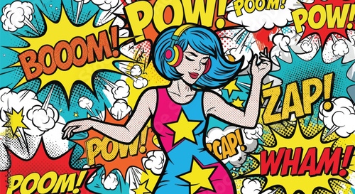 Vibrant pop art background featuring a cool girl with headphones dancing amidst comic book style explosions and action words for electrifying designs