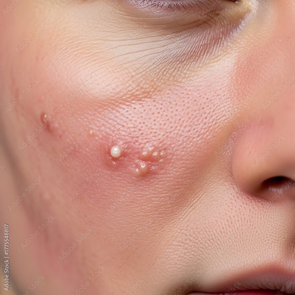 Fototapeta premium Close-up of a young persons cheek with several inflamed pimples and pustules.
