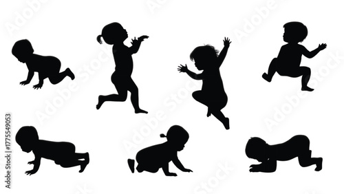 Silhouettes of Babies Crawling and Playing on White Background