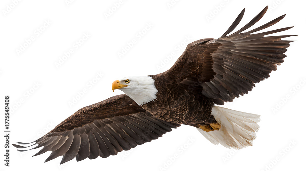 Fototapeta premium bald eagle soaring majestically, wings outstretched, isolated on white background