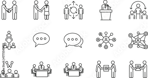 Business communication meeting and teamwork vector icon set. Corporate networking, discussion, partnership, and leadership line symbols collection.