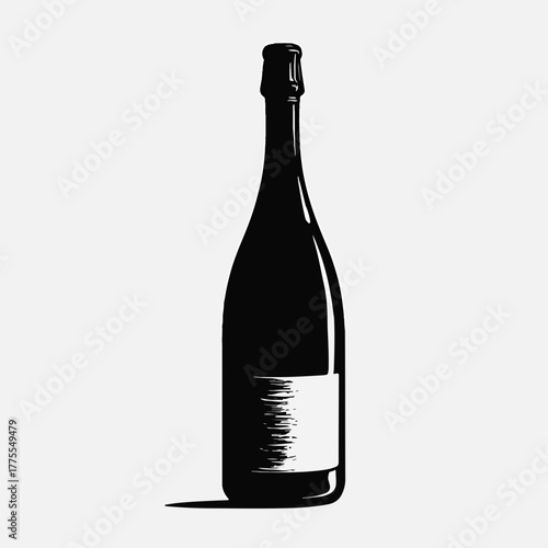Black and white silhouette of a champagne bottle. Minimalist icon for celebration and parties. Graphic design element with a blank label