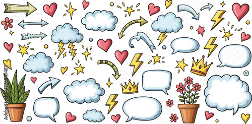 Hand-drawn doodle vector elements set with hearts, clouds, arrows, crowns, and speech bubbles.