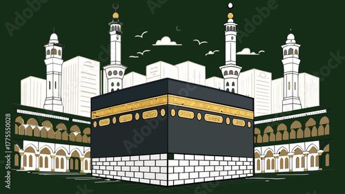 kaaba outline, minimal Islamic vector, two color art, sacred design, elegant line illustration