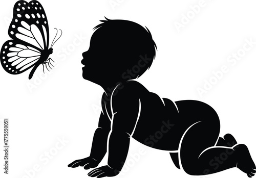 Baby crawling silhouette, butterfly interaction, childhood curiosity, nature moment, minimalist art, black vector, innocence theme, playful pose, fashion illustration, technical drawing, commercial as