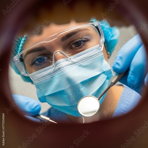 Dentist's perspective looking into mouth with instruments during examination