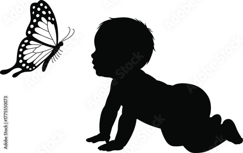 Baby silhouette sketch, crawling infant, butterfly interaction, nature moment, minimalist vector, emotional artwork, toddler pose, innocence theme, black silhouette, fashion illustration, technical dr