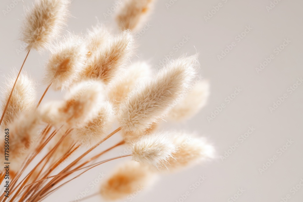 Obraz premium Dry grass close up. Selective focus. Beautiful withered plants on white. Creamy colour dried grass on white. Abstract brown flowers, herbs. Pastel natural colors. Neutral Earth tones. Pampas, seeds