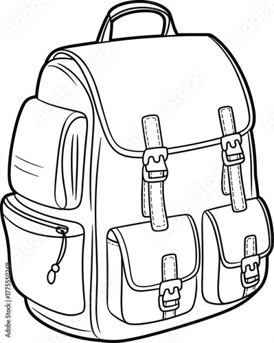 Backpack sketch, multi-pocket design, buckle closure, zipper compartment, fashion illustration, technical drawing, bag template, top handle, structured silhouette, minimalist line art, fashion vector,