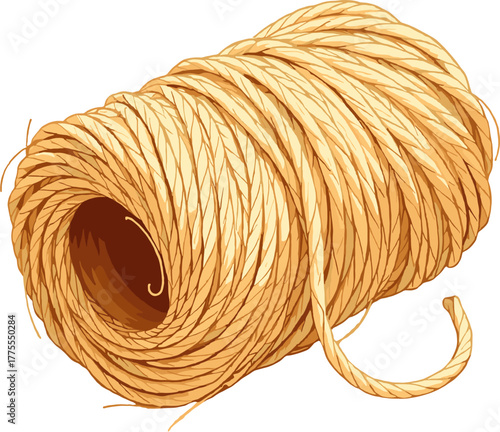 A rolled ball of natural twine with a hollow center illustrated in a rustic craft style suitable for handmade product design, packaging visuals, sewing-themed artwork, workshop branding and eco-friend