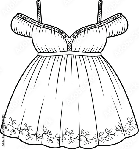 Off-shoulder dress sketch, sweetheart neckline, thin straps, gathered bodice, flared skirt, floral embroidery, fashion illustration, garment construction, technical drawing, clothing template, fashion