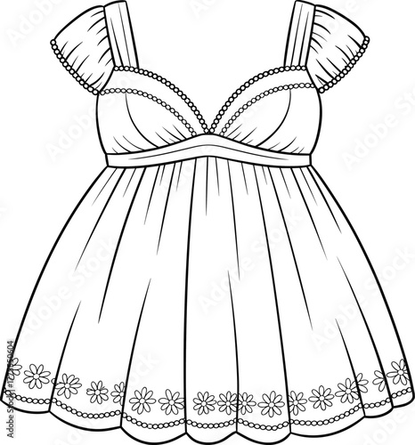 Scalloped hem dress, puff sleeve design, sweetheart neckline, floral embroidery, fashion illustration, garment construction, technical drawing, fitted bodice, pleated skirt, decorative stitching, fash