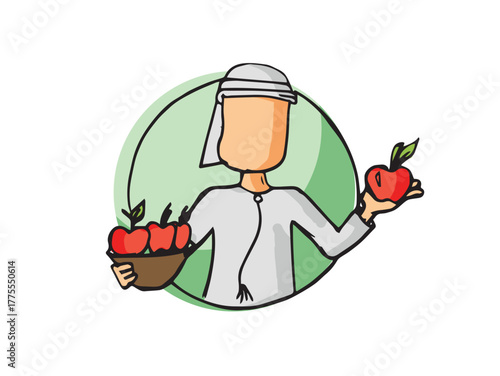 Hand drawn sketch of an Arab character holding apples, on a white background. Suitable for healthy eating promotions and campaigns. An apple a day keeps the doctor away 