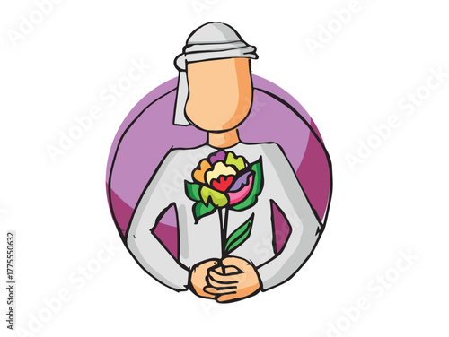 Hand drawn sketch of an arab character holding a flower bouquet, on a white background, suitable for ceremonies and gatherings 