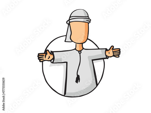 Hand drawn sketch of an arab character with open arms, suitable for healthy life style, welcome adverts and greetings