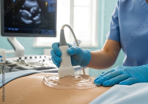 Medical professional performs ultrasound scan on patient's abdomen with gel