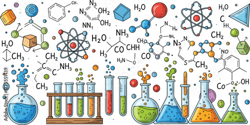 vector chemistry laboratory glassware molecules formulas atomic models colorful science education experiment design illustration