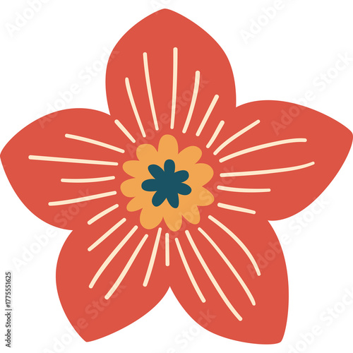 Hand drawn bohemian style flower illustration in warm coral red with yellow and blue center detail on transparent background