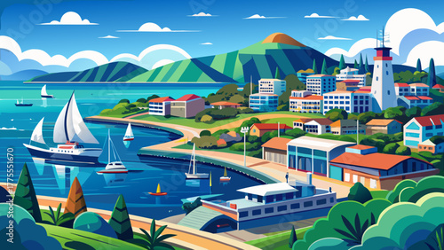 Very beautiful view of Port Macquarie in New South Wales, Australia, showcasing modern buildings, coastal greenery, and ships gracefully moving across the sparkling blue water under clear skies.